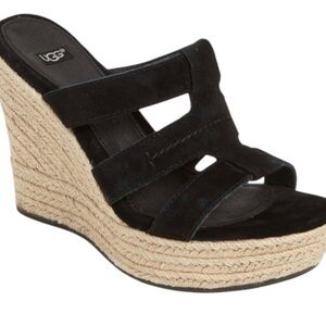 UGG Black Wedge Leather Suede Sandals Tawnie Espadrille Slip-On Women’s Size 7